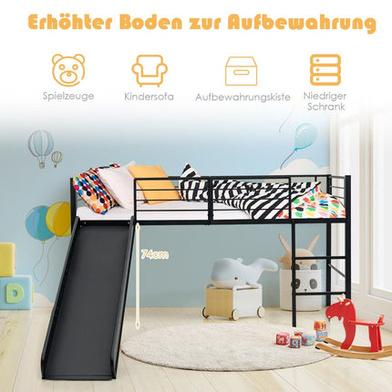 Lit mezzanine avec toboggan et échelle pour enfants, cadre en acier noir