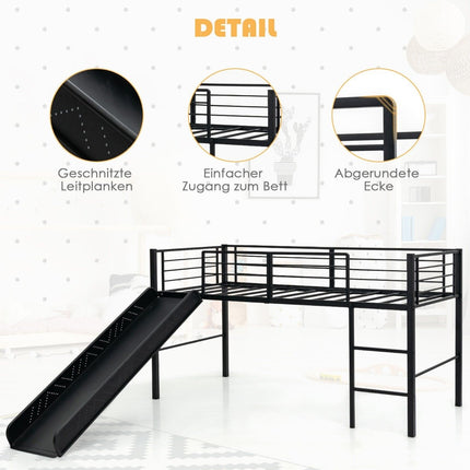 Lit mezzanine avec toboggan et échelle pour enfants, cadre en acier noir