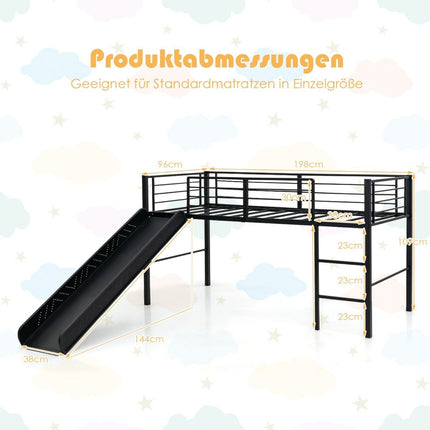 Lit mezzanine avec toboggan et échelle pour enfants, cadre en acier noir