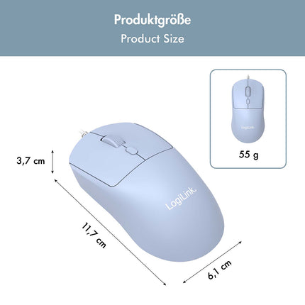 LogiLink Optische Kinder-USB-Maus mit 1200–2400 DPI, Blau, USB-A, 150 cm Kabel