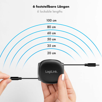 LogiLink Einziehbares USB-C-Kabel, 1 m, 60 W Schnellladung, Schwarz