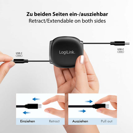 LogiLink Einziehbares USB-C-Kabel, 1 m, 60 W Schnellladung, Schwarz