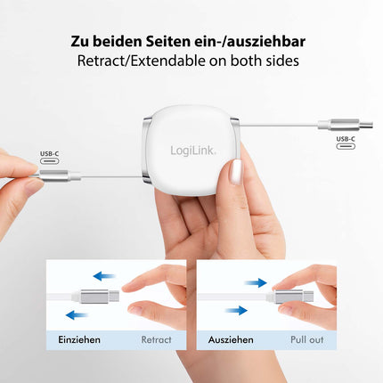 LogiLink Einziehbares USB-C-Kabel, 1 m, 60 W Schnellladung, Weiß