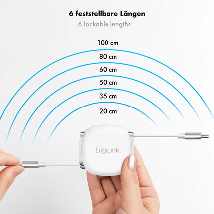 LogiLink Einziehbares USB-C-Kabel, 1 m, 60 W Schnellladung, Weiß
