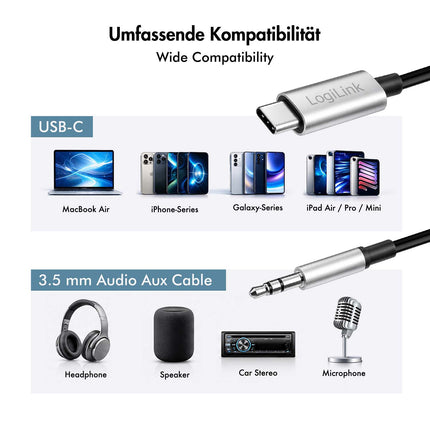 LogiLink USB-C-auf-3,5-mm-Klinken-Audiokabel mit DAC, 1 m, Schwarz, Stereo