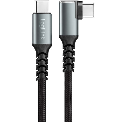 Câble LogiLink USB-C vers USB-C 2 m, coudé à 90°, 100 W PD, gris/noir, 4K 60 Hz