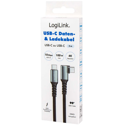 Câble LogiLink USB-C vers USB-C 2 m, coudé à 90°, 100 W PD, gris/noir, 4K 60 Hz