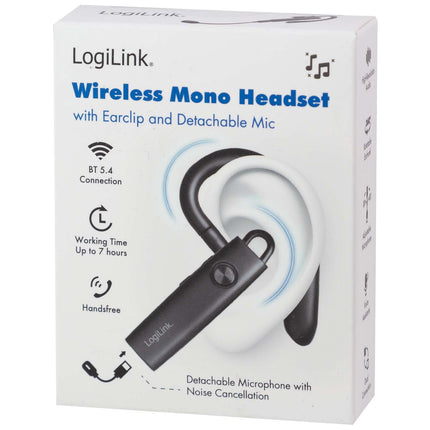 LogiLink Kabelloses Mono-Bluetooth-Headset mit abnehmbarem Mikrofon, Schwarz