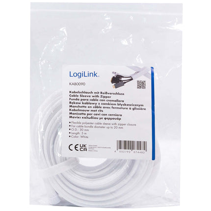 LogiLink Zip Kabelschutzschlauch 30 mm x 5 m mit 360°-Schutz, Weiß, geflochten