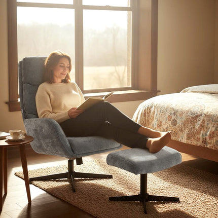 Fauteuil lounge avec repose-pieds, dossier haut, piètement en métal, gris