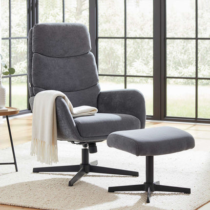 Fauteuil lounge avec repose-pieds, dossier haut, piètement en métal, gris