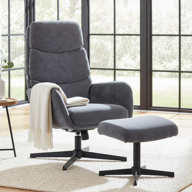 Fauteuil lounge avec repose-pieds, dossier haut, piètement en métal, gris