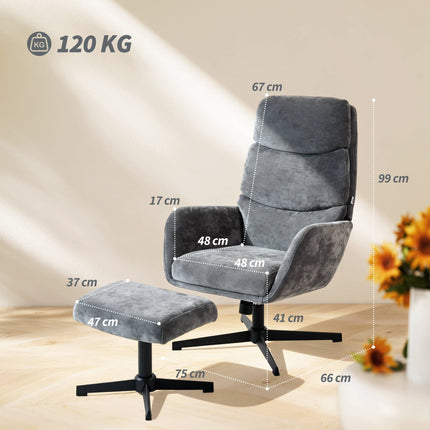 Fauteuil lounge avec repose-pieds, dossier haut, piètement en métal, gris