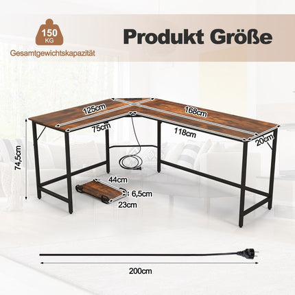 Bureau d'ordinateur en forme de L avec prise de courant et amplificateur. Support CPU et amplificateur Bureau d'angle robuste avec structure en métal marron