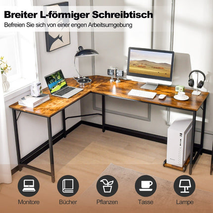 Bureau d'ordinateur en forme de L avec prise de courant et amplificateur. Support CPU et amplificateur Bureau d'angle robuste avec structure en métal marron