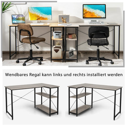 Bureau d'ordinateur d'angle en forme de L avec compartiments de rangement, table de bureau 120 x 88 x 74,5 cm gris