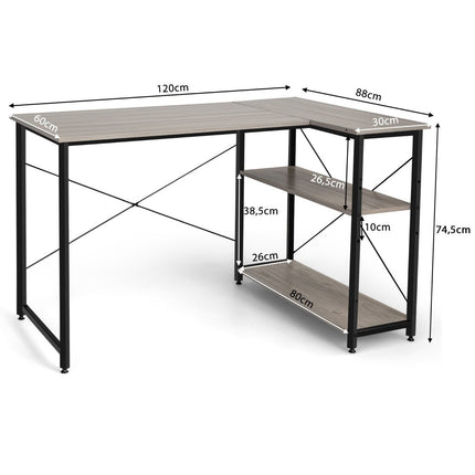 Bureau d'ordinateur d'angle en forme de L avec compartiments de rangement, table de bureau 120 x 88 x 74,5 cm gris