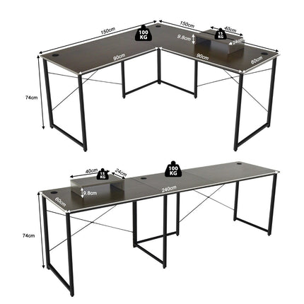 L-shape desk with monitor stand & 3 cable holes reversible corner desk brown