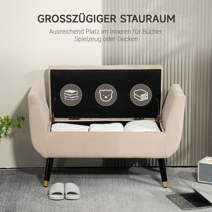 Banquette de luxe banquette rembourrée avec espace de rangement accoudoirs banquette coffre polyester velouté bois d'hévéa beige 107 x 42 x 65 cm