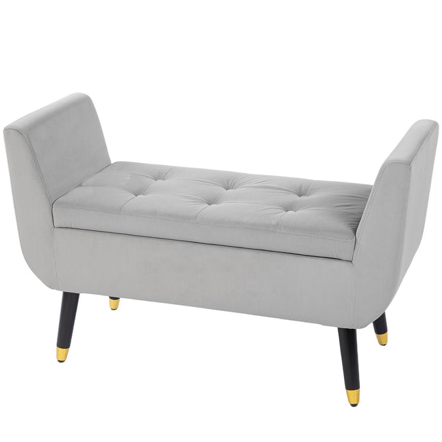 Banquette de luxe banquette rembourrée avec espace de rangement accoudoirs banquette coffre polyester velouté bois d'hévéa gris clair 107 x 42 x 65 cm