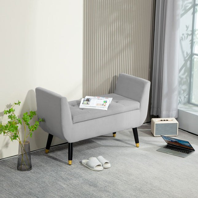 Banquette de luxe banquette rembourrée avec espace de rangement accoudoirs banquette coffre polyester velouté bois d'hévéa gris clair 107 x 42 x 65 cm