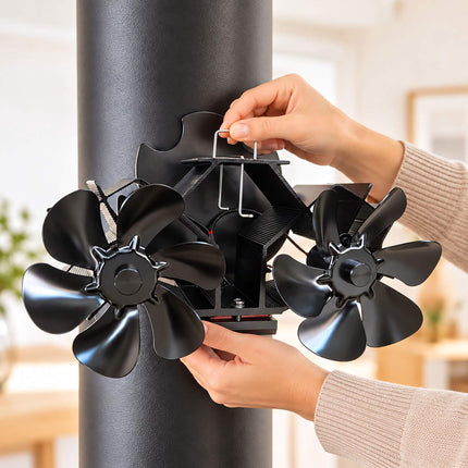 Magnetic Stove Pipe Fan with Twin Motor and 12 Blades, Black, Incl. Hose Clamp