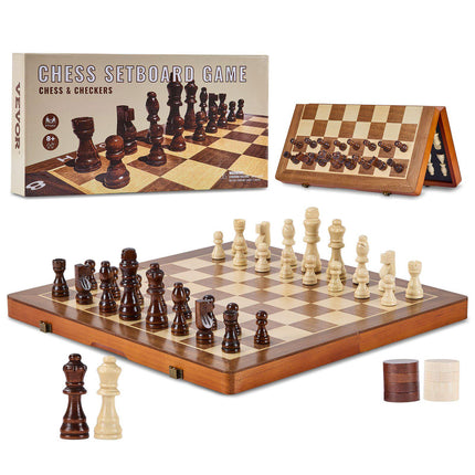 Magnetic Wooden Chess Set 15-Inch, Folding Chess-Checkers