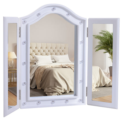 Miroir de maquillage pliable à 16 LED, alimenté par piles, blanc