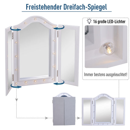 Miroir de maquillage pliable à 16 LED, alimenté par piles, blanc