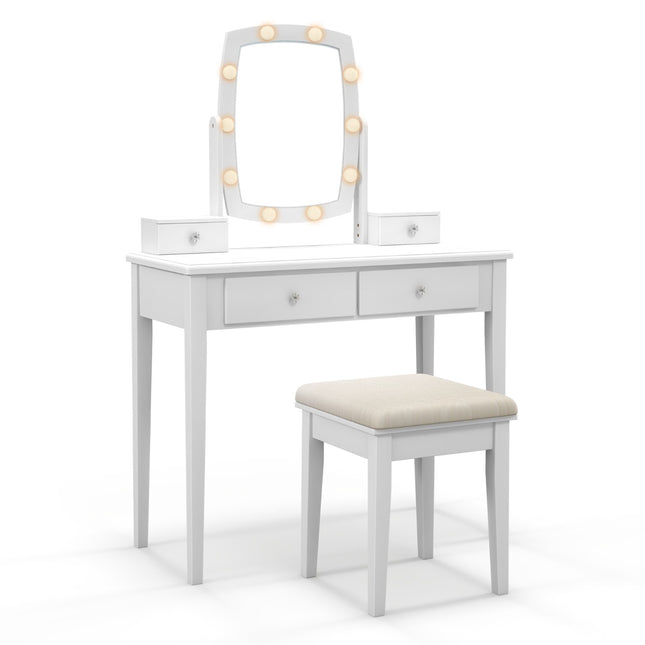 Ensemble coiffeuse, miroir LED 3 couleurs, tabouret, 4 tiroirs