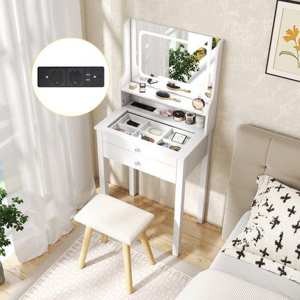 Coiffeuse, miroir LED, prises électriques, tabouret, tiroirs