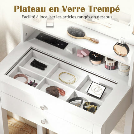 Coiffeuse, miroir LED, prises électriques, tabouret, tiroirs