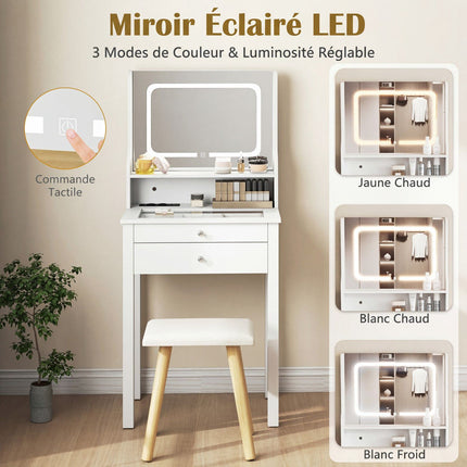 Coiffeuse, miroir LED, prises électriques, tabouret, tiroirs