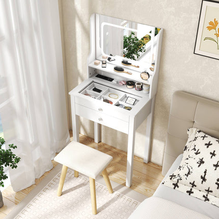 Coiffeuse, miroir LED, prises électriques, tabouret, tiroirs