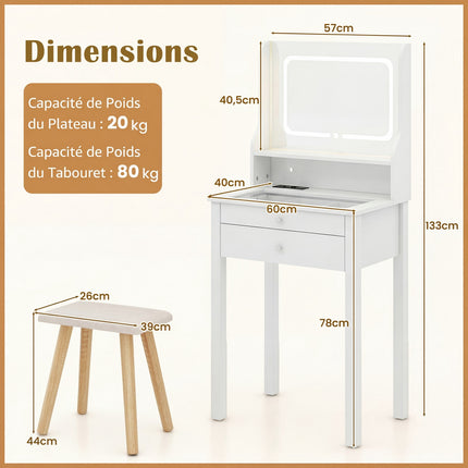 Coiffeuse, miroir LED, prises électriques, tabouret, tiroirs