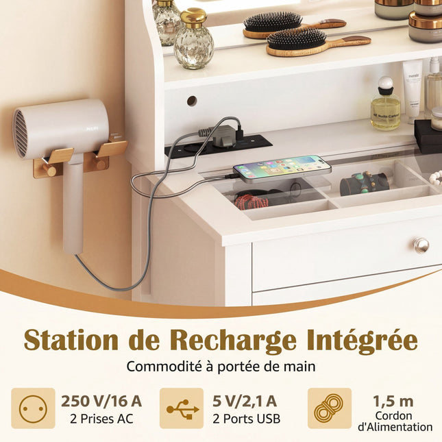 Coiffeuse, miroir LED, prises électriques, tabouret, tiroirs