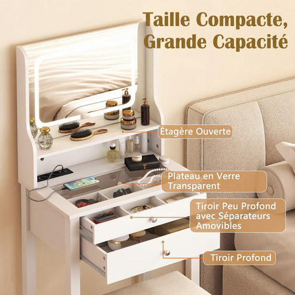 Coiffeuse, miroir LED, prises électriques, tabouret, tiroirs