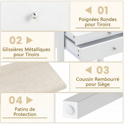 Coiffeuse, miroir LED, prises électriques, tabouret, tiroirs
