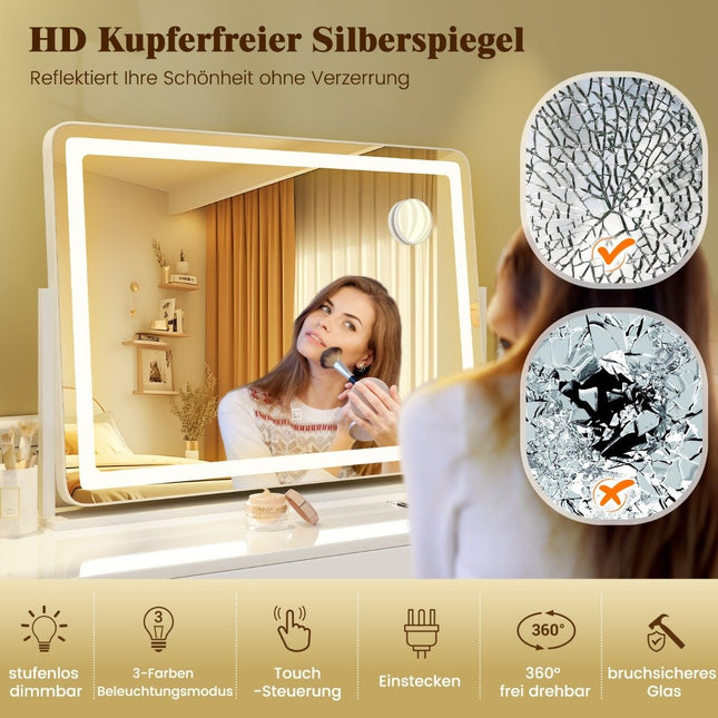 Miroir de maquillage avec éclairage, grand miroir cosmétique avec grossissement 10X, blanc