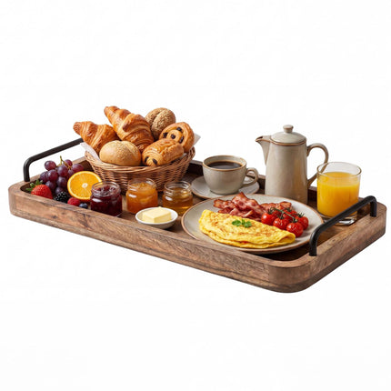 Plateau de service en bois de manguier avec poignées en métal, 50 x 25 cm