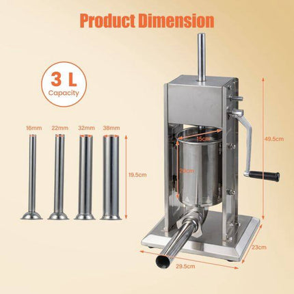 Poussoir à saucisses manuel, capacité de 3,2 kg, 4 tubes, 2 vitesses