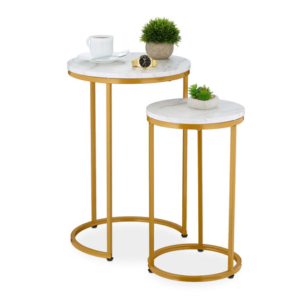 Tables gigognes aspect marbre, lot de 2, pieds en métal