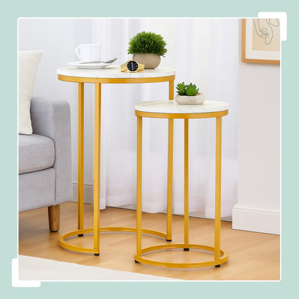 Tables gigognes aspect marbre, lot de 2, pieds en métal
