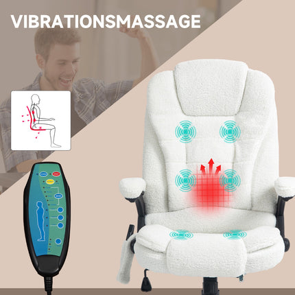 Massage-Bürostuhl, Liegefunktion, beheizt, Teddy-Samt, weiß