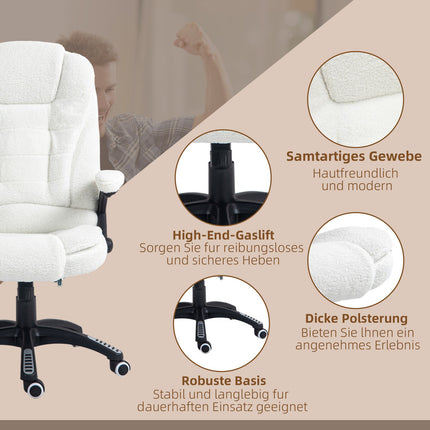 Massage-Bürostuhl, Liegefunktion, beheizt, Teddy-Samt, weiß