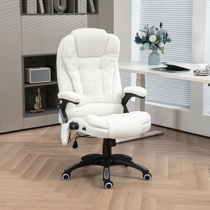 Massage-Bürostuhl, Liegefunktion, beheizt, Teddy-Samt, weiß