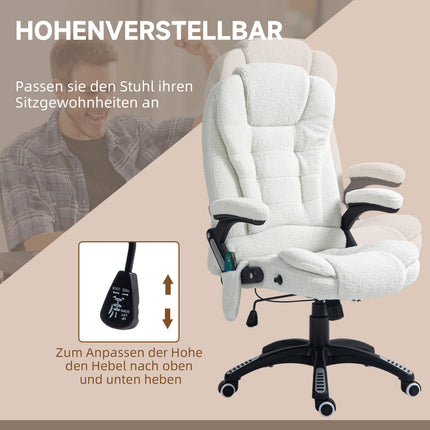 Massage-Bürostuhl, Liegefunktion, beheizt, Teddy-Samt, weiß
