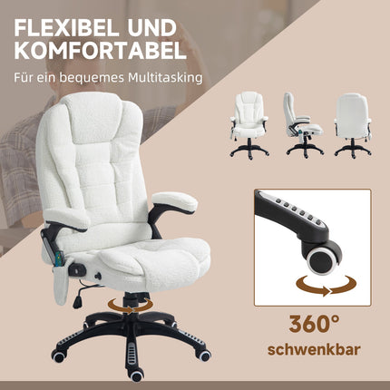 Massage-Bürostuhl, Liegefunktion, beheizt, Teddy-Samt, weiß