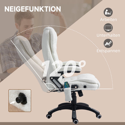 Massage-Bürostuhl, Liegefunktion, beheizt, Teddy-Samt, weiß