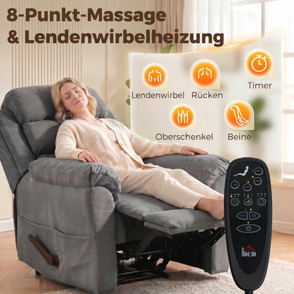 Fauteuil de massage inclinable avec fonction chauffante, appui-tête réglable, gris